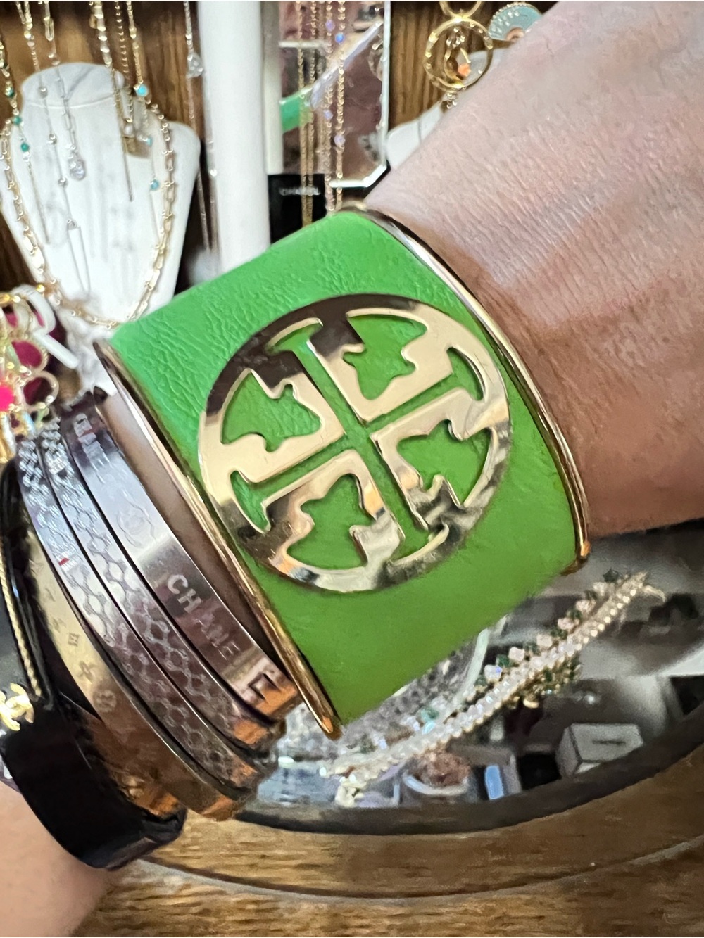 Green Cuff Bracelet with Gold Logo Accent - Picture 3 of 7
